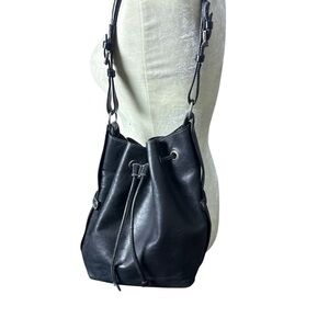 Talboots Classic Black Leather Drawstring Shoulder Bag 12”by12” adjustable strap